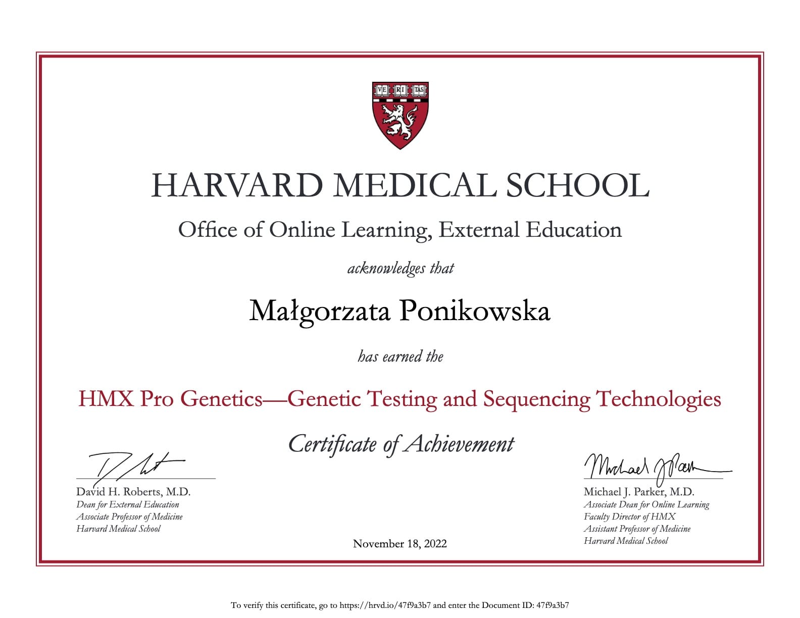 10 HMX Genetic Testing and Sequencing certificate
