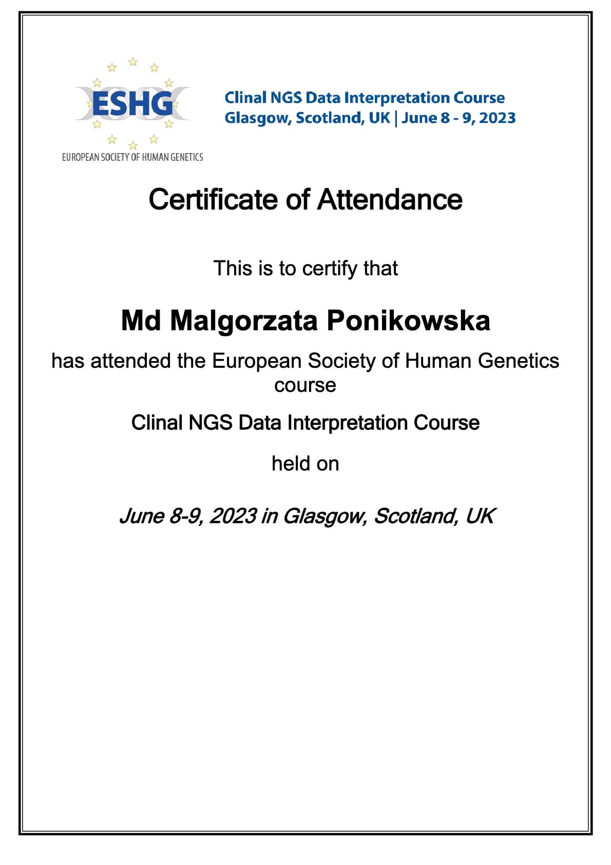 12 Certificate of Attendance NGS COurse