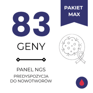 Panel MAX (83 geny) – predyspozycje do nowotworów – panel NGS – krew<span class="custom-lista-opis">Szeroki panel genów powiązanych z dziedziczną predyspozycją do zachorowania na nowotwory.</span>